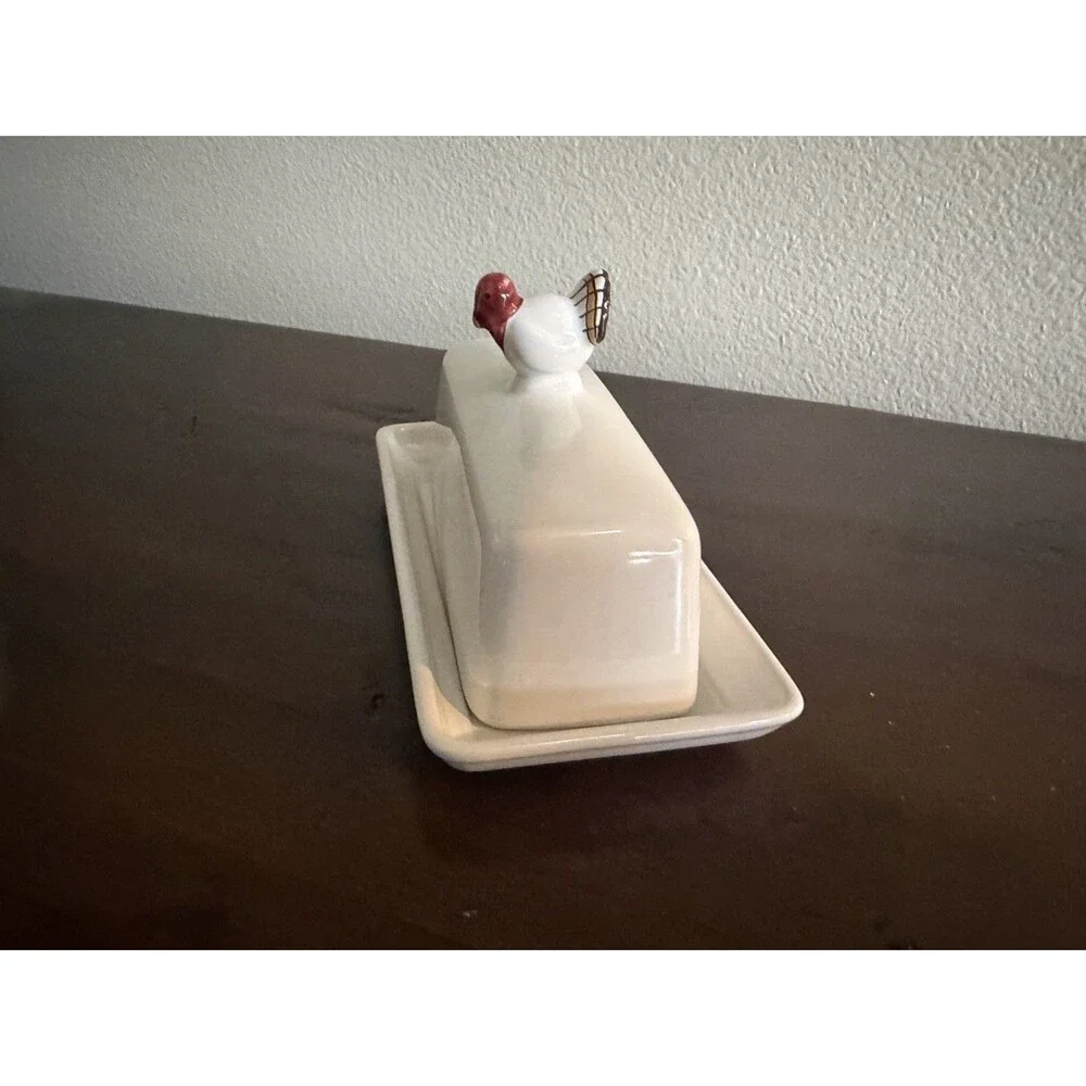 POTTERY BARN CERAMIC GOBBLE COVERED BUTTER DISH WITH TURKEY KNOB EUC